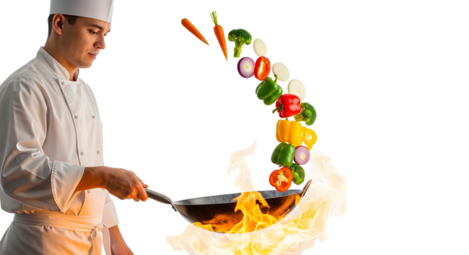 A chef skillfully prepares a meal in a wok, with vibrant vegetables dramatically tossed in the air over a blazing flame, showcasing culinary artistry