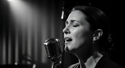 Soulful Performance Emotional Singer Expressing Vulnerability Black and White Portrait of Deep Feeling Passionate Vocalist Sharing Heartbreak Intense Moment of Artistic Release Raw Emotion on Stage