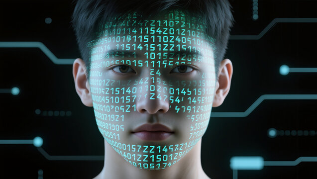 Face close-up with projected digital code illuminating features and expressions. Image showcases futuristic technology with binary digits cast across the face in a dynamic digital environment. - Powered by Adobe