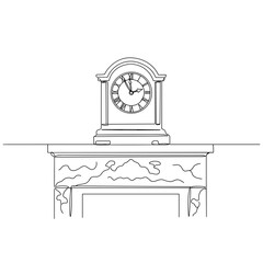 Antique clock on stone mantel, elegant clock with roman numerals standing atop a decorative stone fireplace in minimal line art