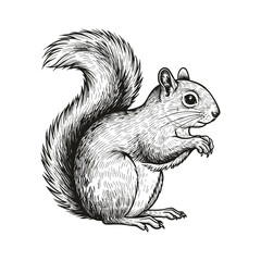 Squirrel sketch in black line art, fluffy tail wild animal sitting upright with alert expression and detailed fur illustration