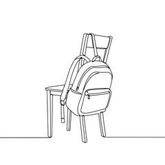 Backpack hanging on chair, school backpack with front pocket and zipper casually placed on simple wooden chair in line art
