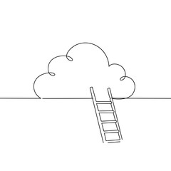 Cloud with ladder, single fluffy cloud above ground with a simple ladder leading up, child fantasy concept in minimal drawing