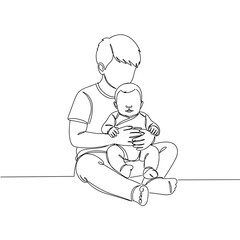 Baby sitting in sibling's lap, older child supporting younger baby on the floor, sweet family moment in min line art
