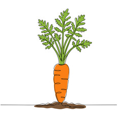Carrot in ground, bright orange carrot growing in soil with leafy green tops, simple minimal color drawing