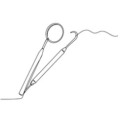 Dental mirror and hook, minimal line art drawing of dental mirror and explorer tools for teeth examination