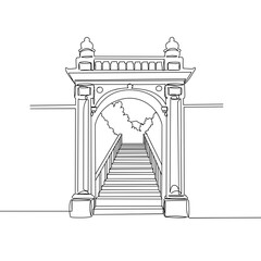 Gateway with stairs, classical architecture entrance with arch, staircase outdoors, and balustrade in minimal drawing