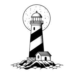 Lighthouse with house and moon, stylized lighthouse by the shore next to a house with glowing moon and sea in high-contrast black and white style