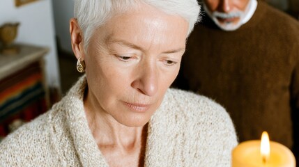 Elderly Caucasian woman contemplates flickering candlelight, embracing ethereal Yom Kippur ambiance, reflecting serene mindfulness and intangible solace