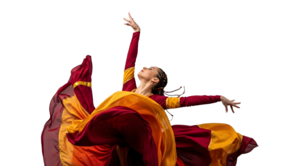 Graceful Dancer in Vibrant Orange and Red Flowing Costume Performing an Elegant Ballet Pose