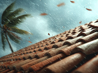 Stormy Tropical Rooftop Scene With Palm Tree, Rain, and Windy Sky