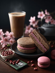 Chocolate Macarons With Pink Filling, Tea Set, And Soft Pink Blossoms In Cozy Dessert Scene