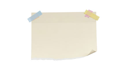 A blank torn pastel note paper with small color tape pieces on top corners, realistic soft texture, simple lighting and shadow, modern pastel stationery aesthetic, isolated on plain background