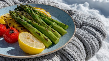 Grilled asparagus and lemon bask in winter sunlight on a cozy knit blanket, evoking Hygge and Winter Solstice vibes