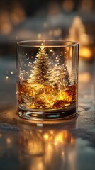 Festive Spirit in a Glass: A shimmering glass of liquor houses a miniature, golden Christmas tree, surrounded by festive lights, inviting the holiday spirit in a warm, inviting glow.