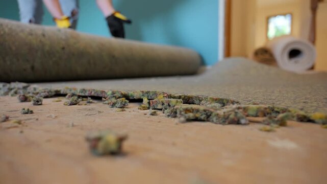 Carpenter rolling old padding insulation in rolls during carpet replacement process. Close up view. 