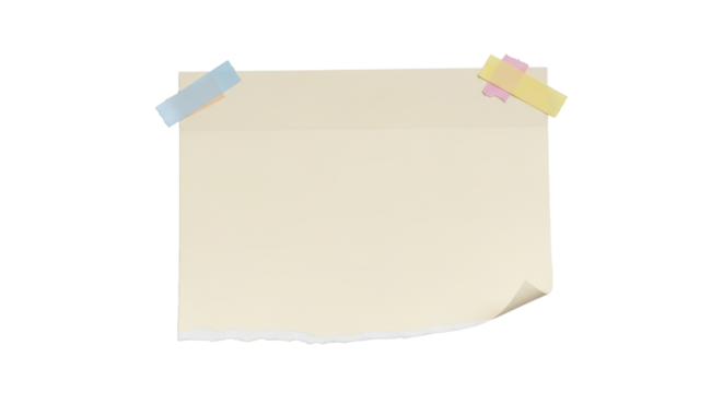 A blank torn pastel note paper with small color tape pieces on top corners, realistic soft texture, simple lighting and shadow, modern pastel stationery aesthetic, isolated on plain background