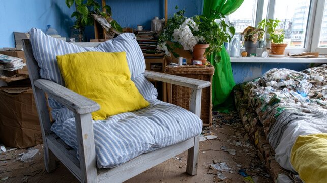 Cozy armchair with yellow cushion in chaotic room, embodying Hygge meets Spring Cleaning, hints of Cactus Appreciation Day
