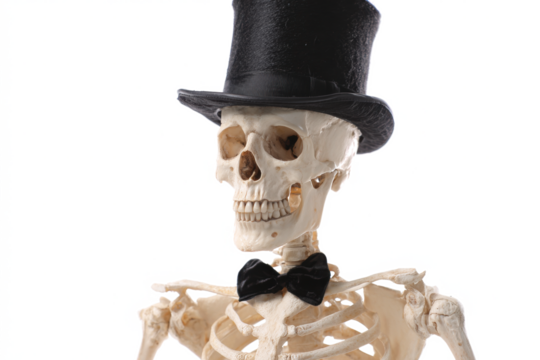 Skeleton wearing a top hat and bow tie isolated on white for Halloween or theatrical concepts