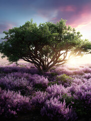 Graceful Lavender Field With Lone Tree at Sunset Surrounded by Soft Purple Blossoms