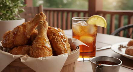 Delicious Fried Chicken And Refreshing Iced Tea On An Outdoor Table, Ready To Eat