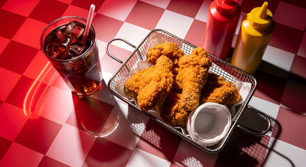 Delicious Fried Chicken Meal on Red Checkered Surface with Ice Cold Beverage