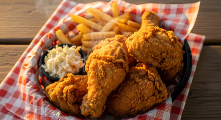 Delicious Fried Chicken Meal With Fries, Coleslaw, And Rustic Dining Atmosphere