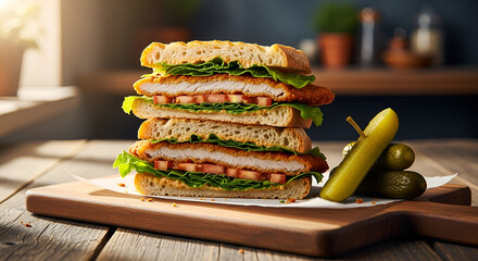 Delicious Fried Chicken Sandwich Stacked with Lettuce and Tomatoes Ready to Eat