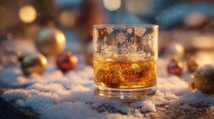 Winter Spirits: A close-up shot of a glass of amber liquid, adorned with frost, evoking a cozy winter scene with festive ornaments sprinkled around and artificial snow effect.