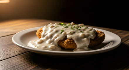 Delicious Fried Chicken With Creamy Gravy Served On A Rustic Wooden Table