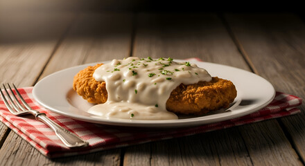 Delicious Fried Chicken With Creamy Gravy, Presented On a Rustic Wooden Table
