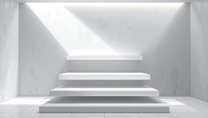 This bright, minimalist architectural interior showcases a set of three shelves, bathed in natural sunlight streaming from above, creating a contrasting interplay of light and shadow across the...