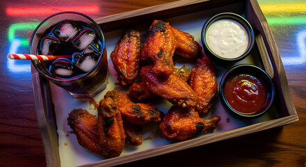 Delicious Fried Chicken Wings With Cold Beverage And Sauces on A Wooden Tray