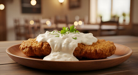 Delicious Fried Chicken With Creamy Sauce On A Wooden Plate In Cozy Restaurant Setting