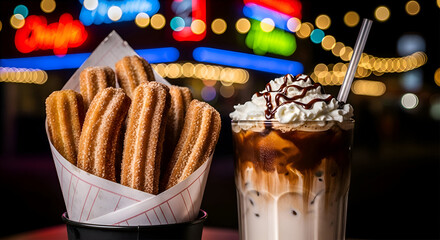 Delicious Fried Churros And Coffee Drink Against A Blurry Background Of City Lights