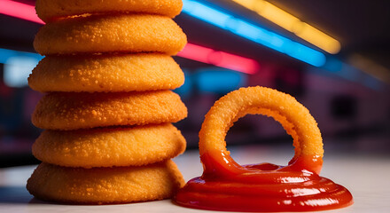 Delicious Fried Onion Rings With Ketchup, Fast Food Deliciousness at its Finest
