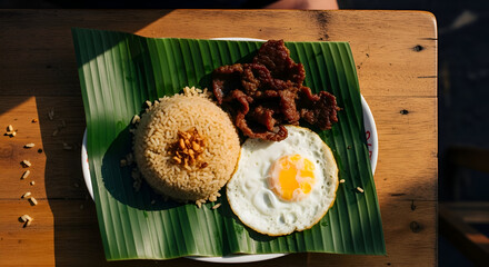 Delicious Fried Rice and Egg Dish Served on Banana Leaf with Fried Meat Delicacy