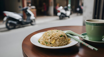 Delicious Fried Rice Served On A Restaurant Table With A Green Teacup And Chopsticks