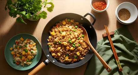 Delicious Fried Rice Plated With Fresh Herbs and Spices for Culinary Art Display