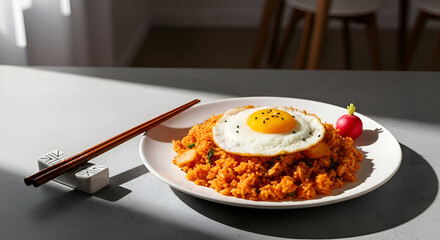 Delicious Fried Rice With Egg Garnished Food Photography on a White Plate