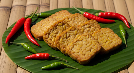 Delicious Fried Tempeh and Chili Peppers on Green Leaf, Authentic Indonesian Cuisine