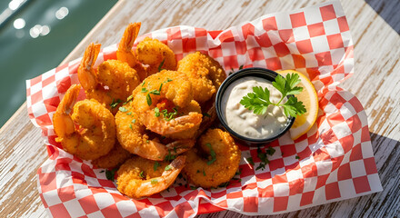 Delicious Fried Shrimp Meal Served With Sauce And Lemon On A Checkered Platter