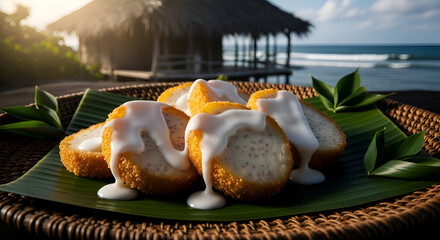 Delicious Fried Treats With Sweet Sauce Served On Woven Tray By The Tropical Seaside