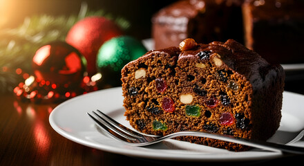 Delicious Fruit Cake Slice On White Plate With Christmas Baubles Background