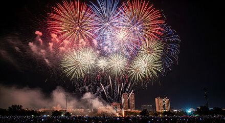 Colorful fireworks exploding above Indian city skyline at night celebrating Diwali festival of lights symbolizing joy, prosperity, and unity