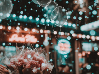 Vibrant Night Market Scene With Bokeh Lights and Gift Bouquet Under Festive Glow