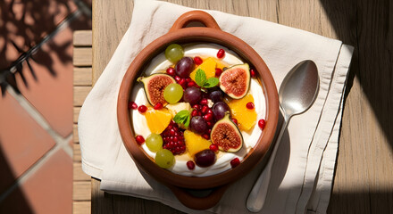 Delicious Fruit Medley Served in a Rustic Ceramic Bowl on a Wooden Table