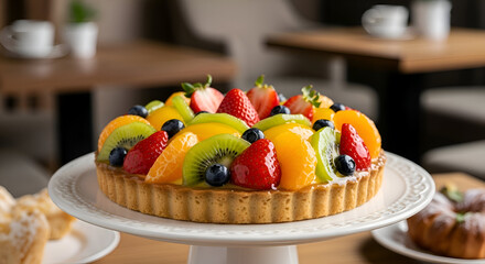 Delicious Fruit Tart Displayed Beautifully on a White Pedestal Plate for Display Purposes