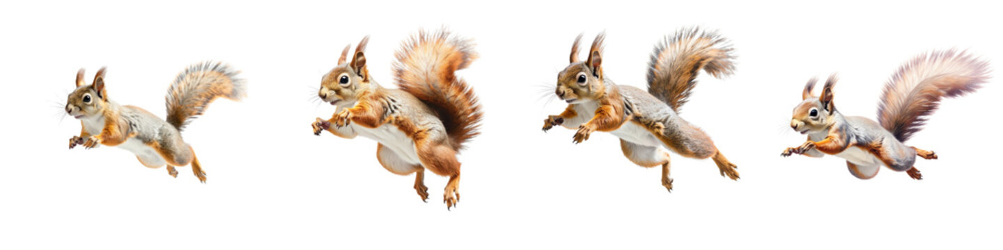 A group of four adorable red squirrels captured in mid air motion against a stark black background isolated on transparent background