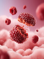 Vibrant Red Raspberries Floating in Soft Pink Cloudy Background For Abstract Food Concept